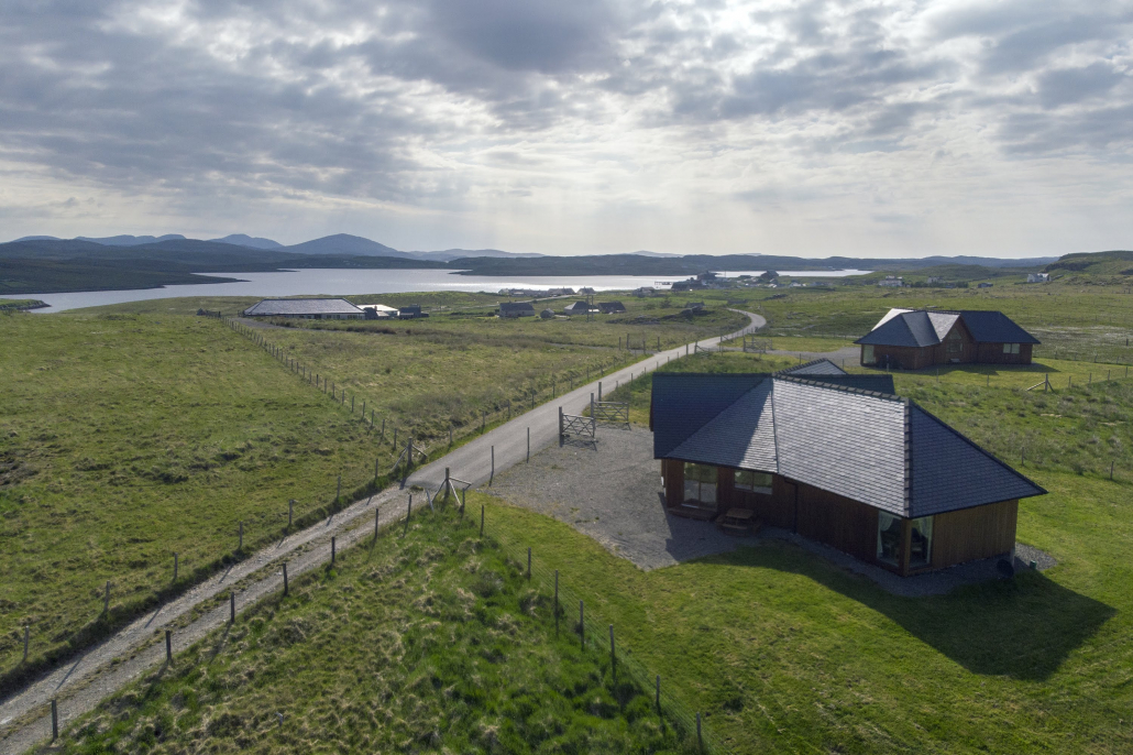 Drone View over Whitefalls towards Uig and Harris hills